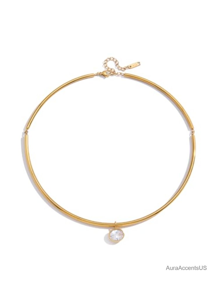 18k Gold Plated Choker Necklace With Cubic Zirconia Pendant Statement Jewelry